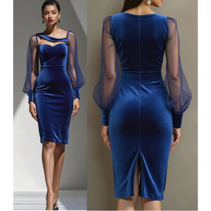 Fehaute Luxe Velvet Sheer Balloon Sleeve Bodycon Cocktail Dress  Navy Women's 8